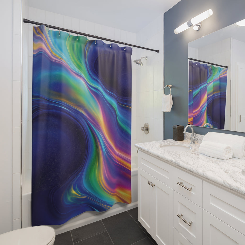 Cyan and magenta iridescent waves across cobalt blue shower curtain beside a white vanity