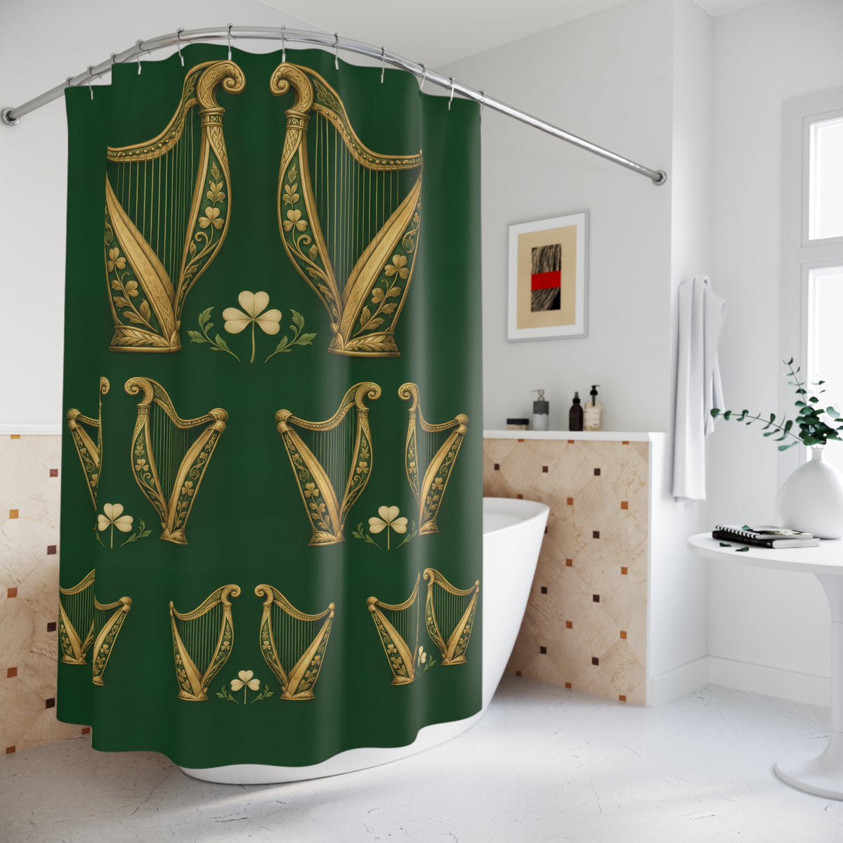 Gold-tone Irish harps and cream shamrocks on green shower curtain beside a freestanding tub
