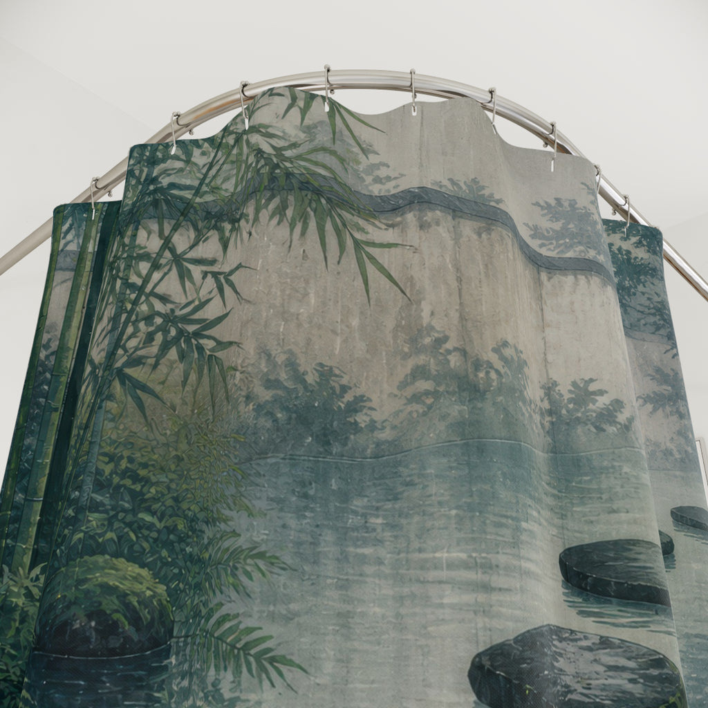 Rain-dark stepping stones crossing a misty bamboo pool shower curtain with close-up print, hooks, and folds