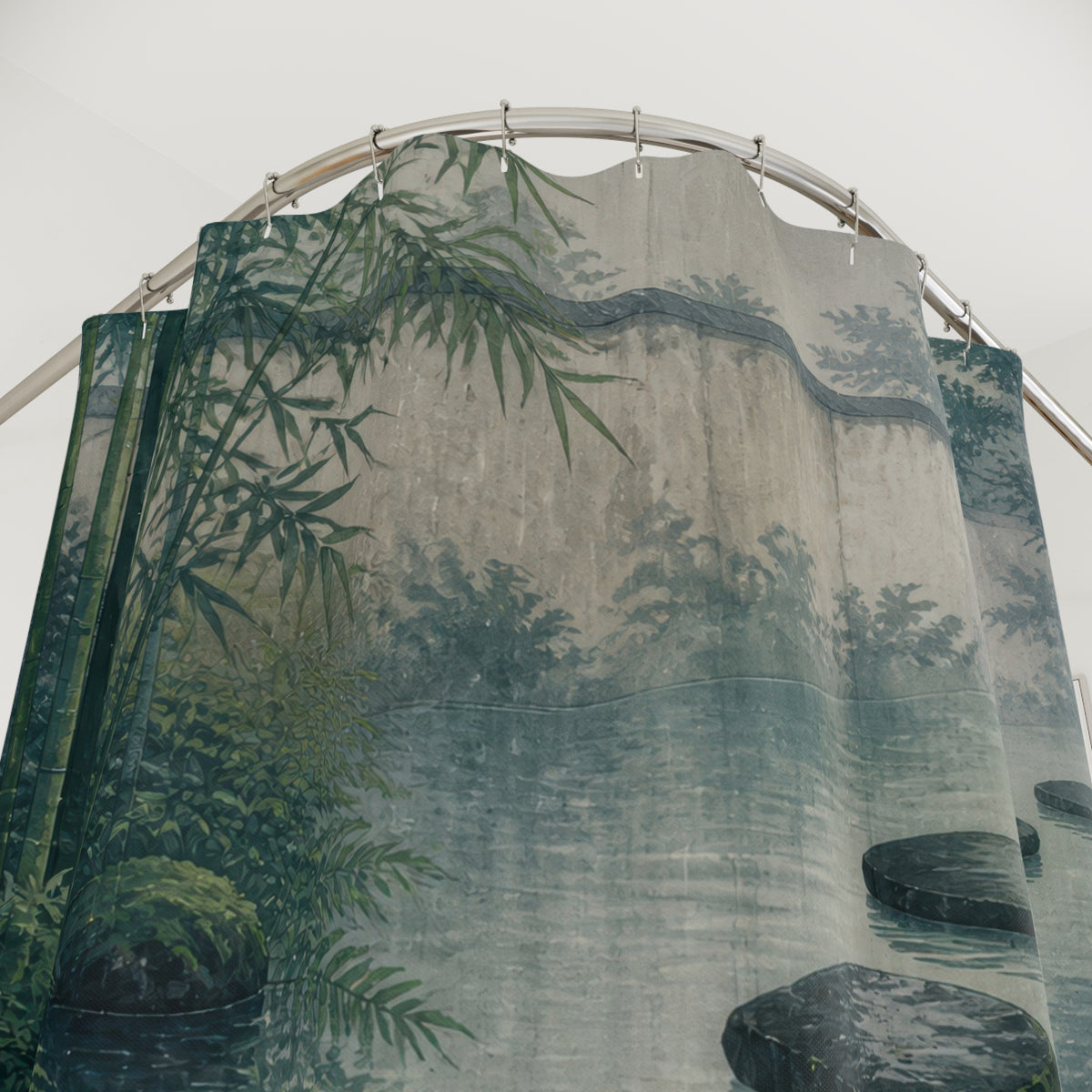 Rain-dark stepping stones crossing a misty bamboo pool shower curtain with close-up print, hooks, and folds