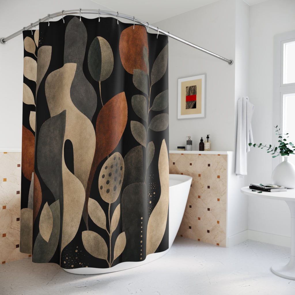 Black Botanical Shower Curtain, Rust Brown Leaf Bath Decor, Cream Taupe Modern Pattern, Earth Tone Bathroom Decor, Organic Abstract