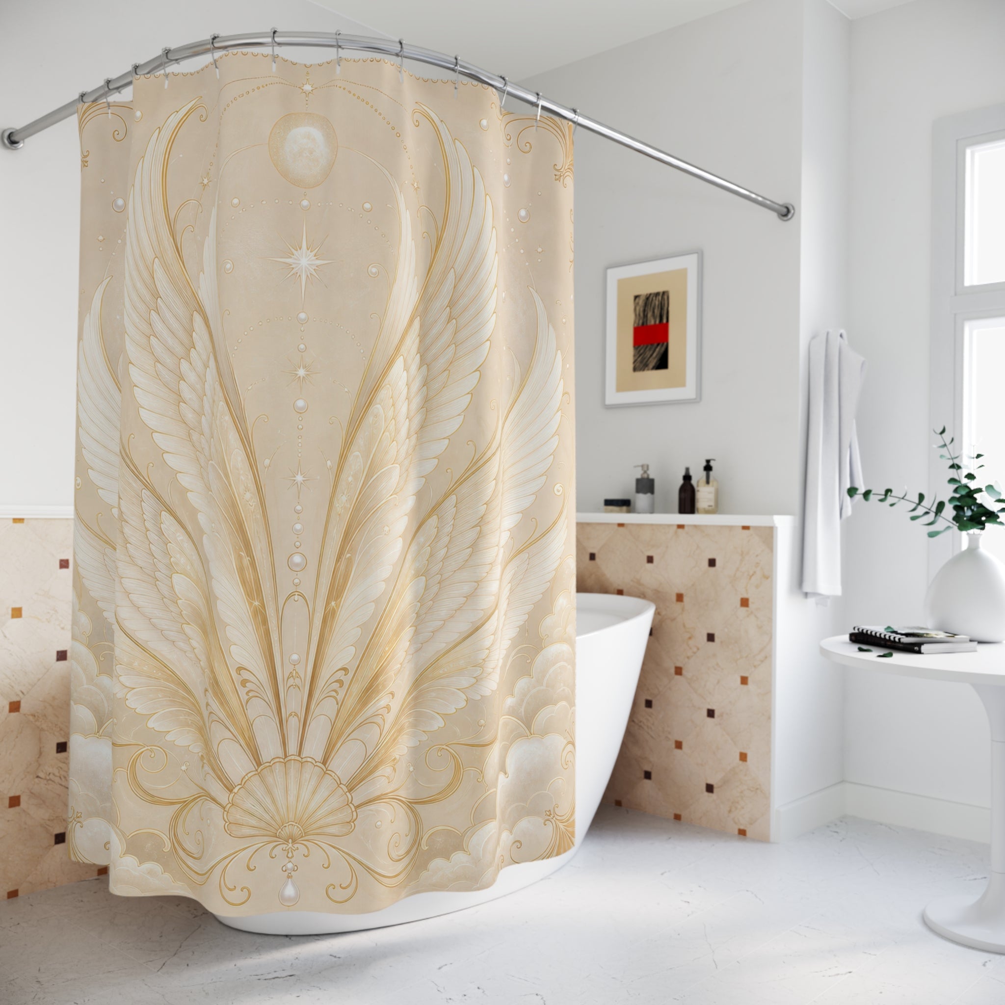 Celestial Wings Shower Curtain, White Gold Angel Bath Decor, Art Nouveau Feather Pattern, Elegant Cream Ivory Celestial Bathroom Decor