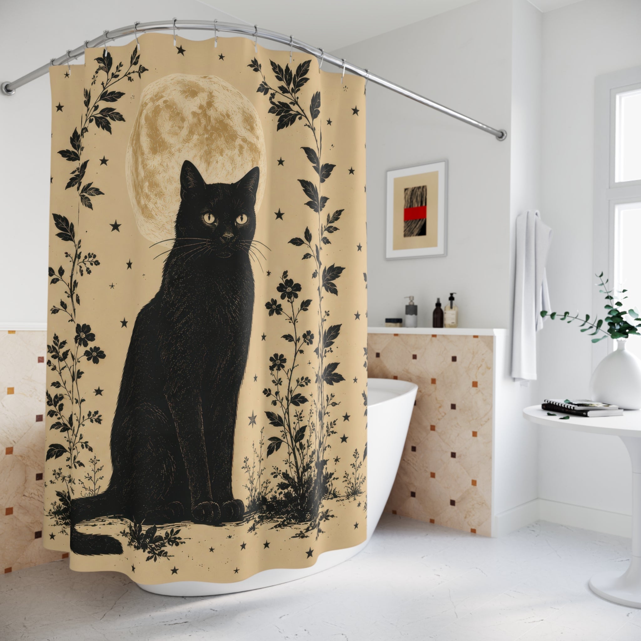 Black Cat Shower Curtain: Vintage Moon Botanical
