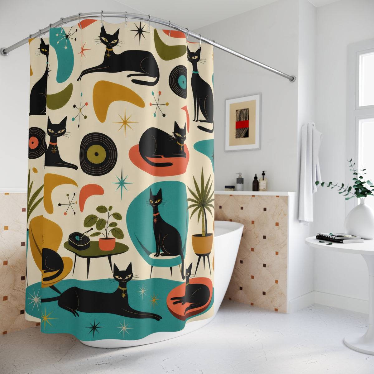 Retro Cat Mid Century Atomic Black Cats shower curtain beside a freestanding tub