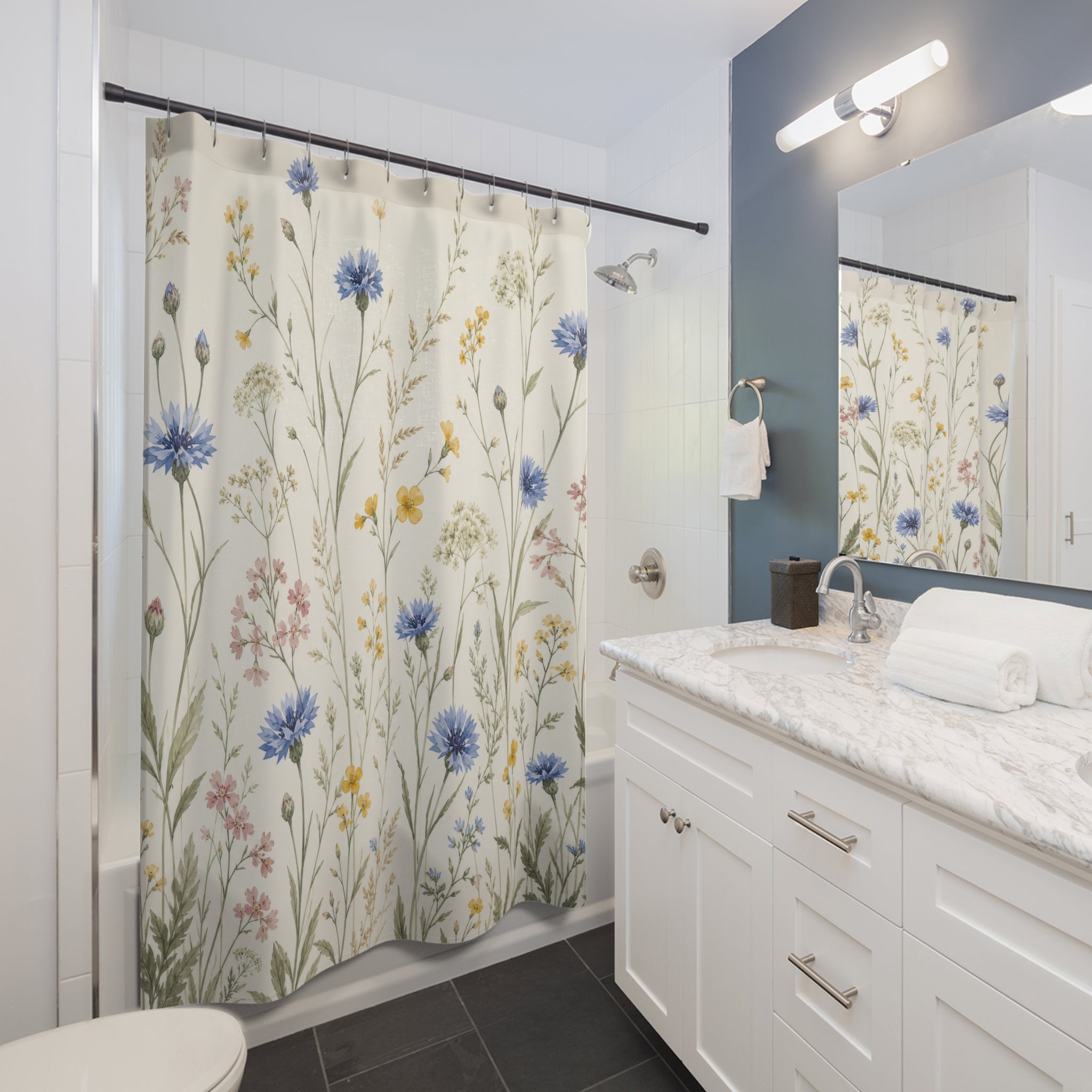 Blue Yellow Floral Meadow Shower Curtain
