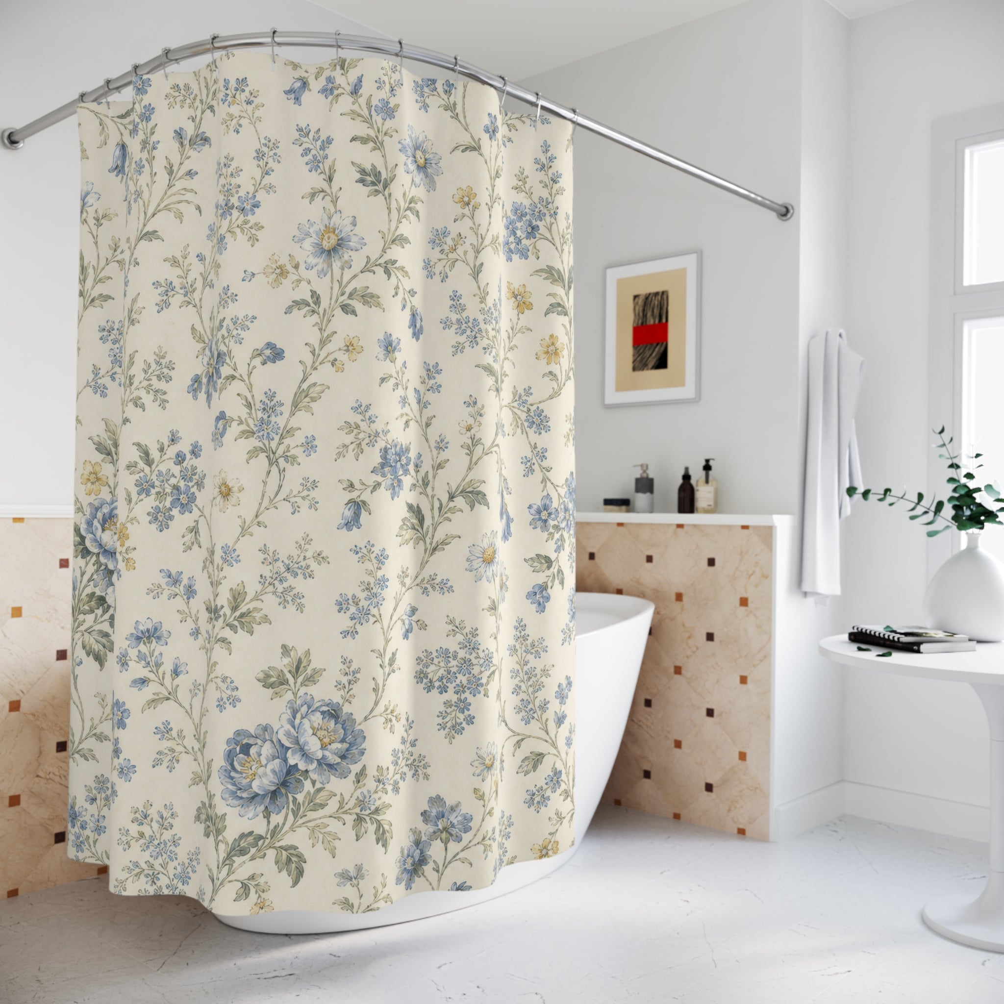 Vintage Cottage Blue Floral Shower Curtain