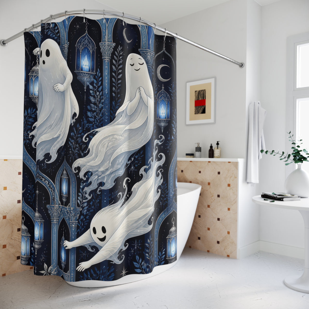 White ghosts in a light blue lantern arcade shower curtain beside a freestanding tub