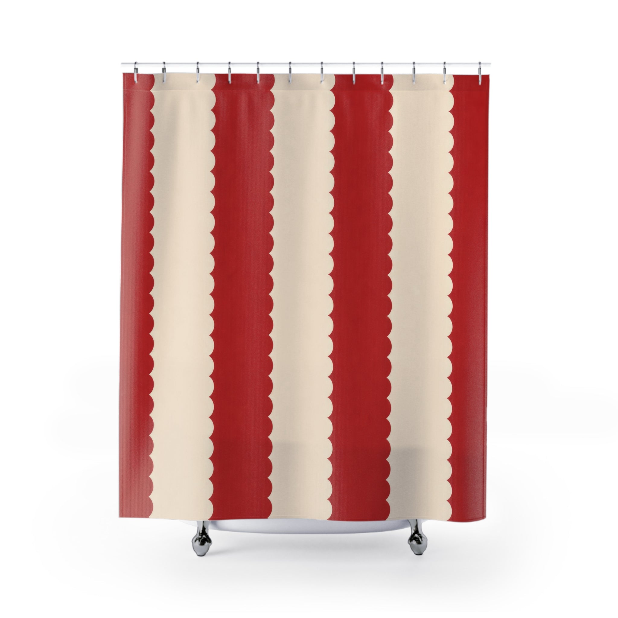Red and White Scalloped Stripe Shower Curtain