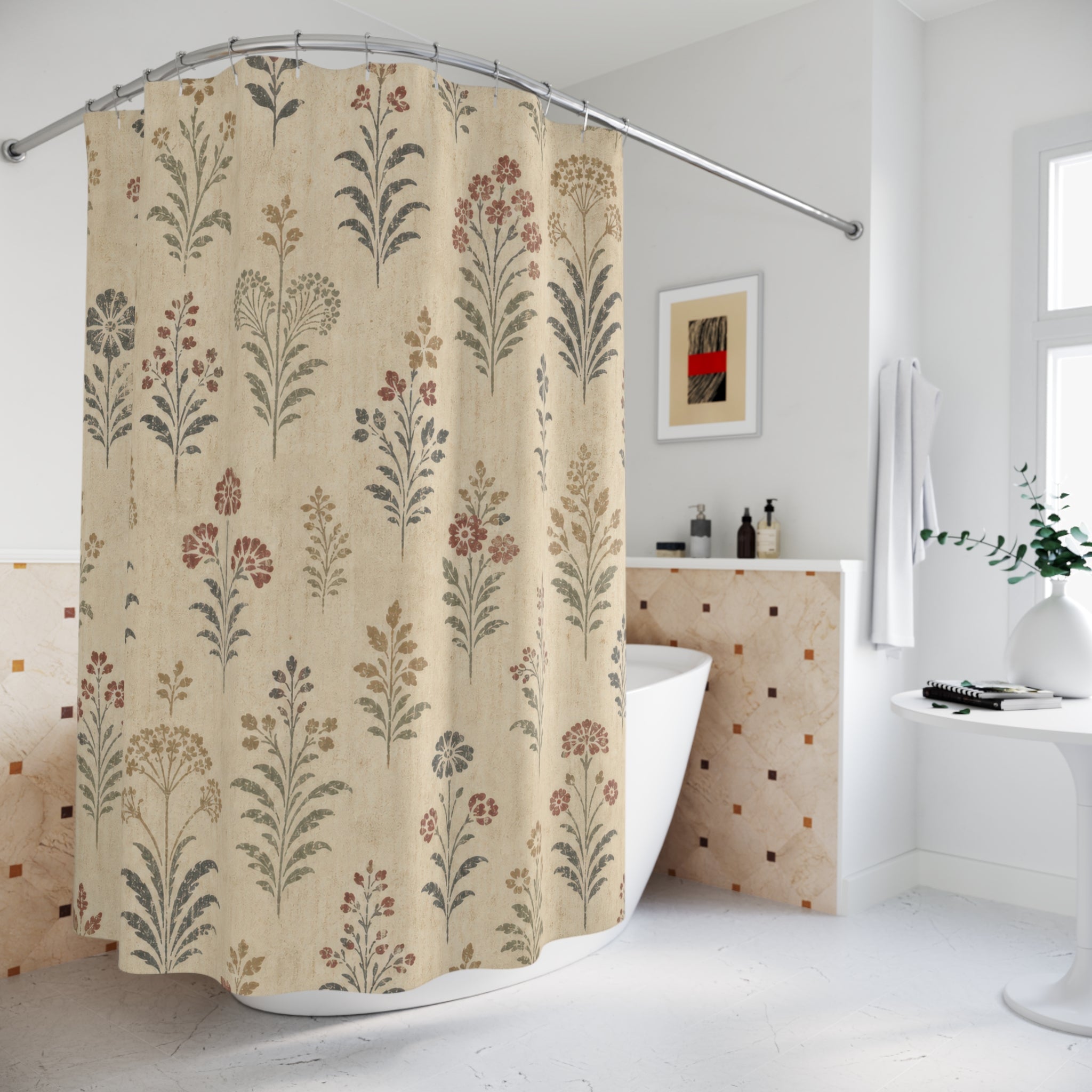 Cream Folk Sprig Farmhouse Floral Shower Curtain