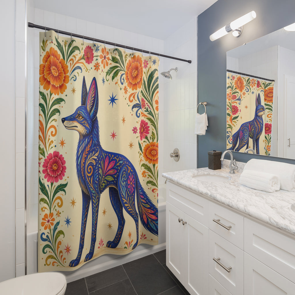 Cobalt alebrije coyote beneath a floral arch shower curtain beside a white vanity