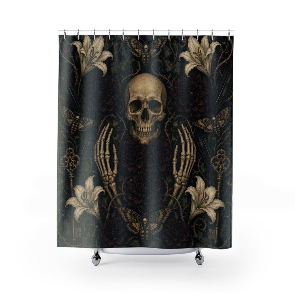 Macabre Shower Curtain, Memento Mori Skull and Dark Floral Garden