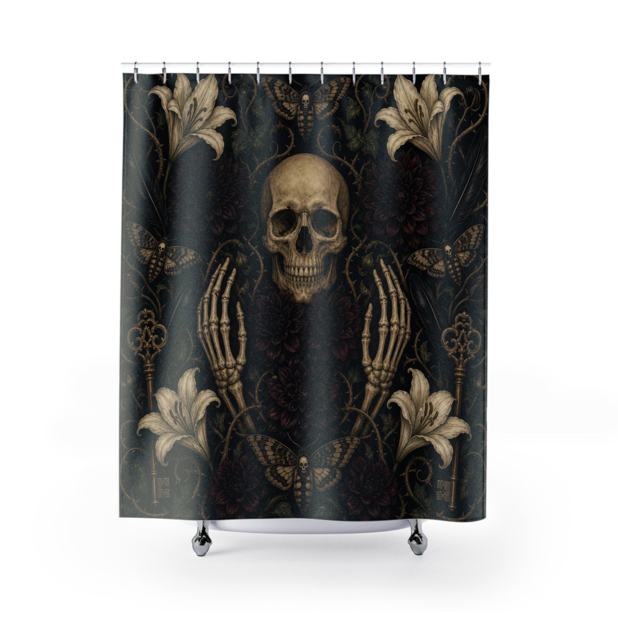 Macabre Shower Curtain, Memento Mori Skull and Dark Floral Garden