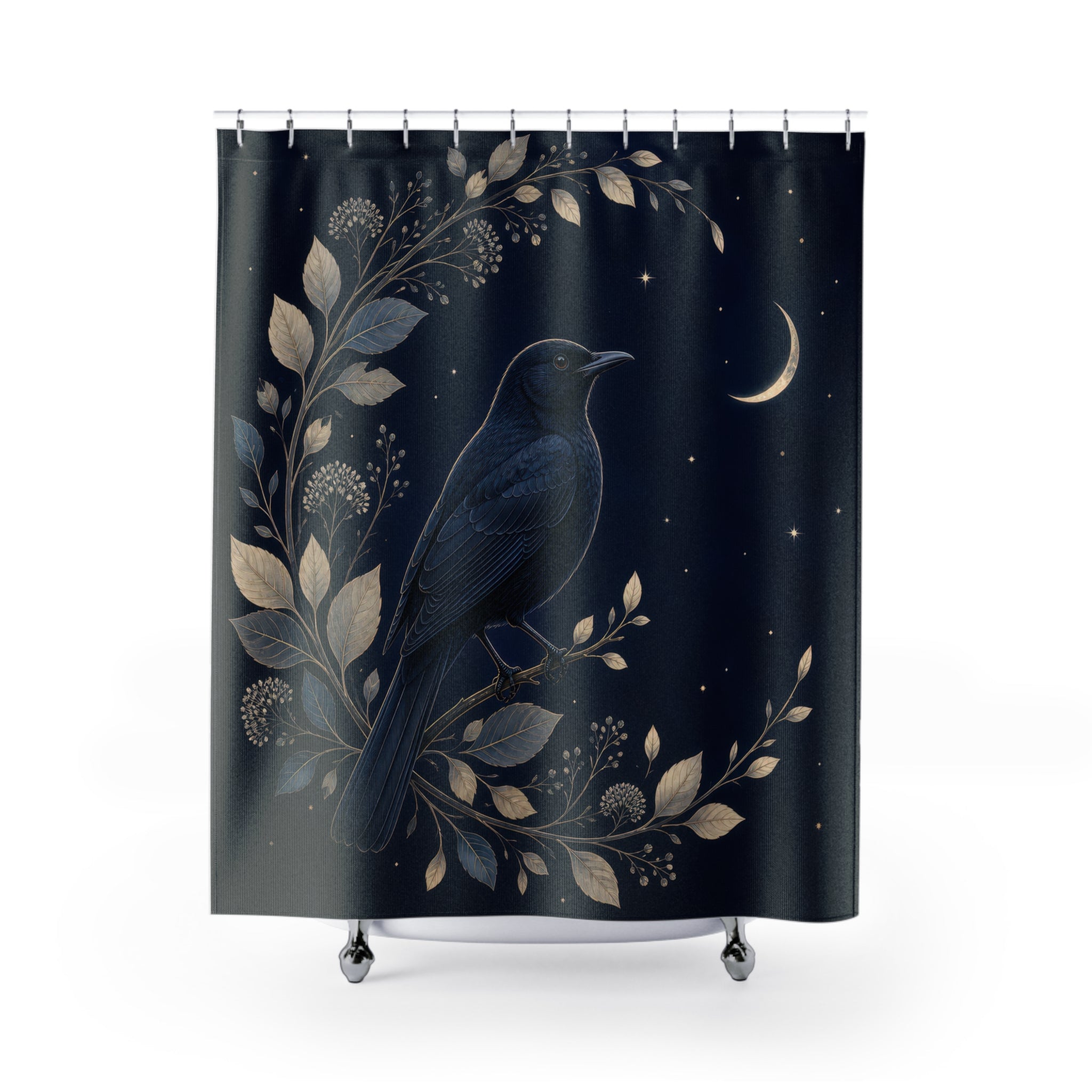 Blackbird framed by silver botanicals and a crescent moon shower curtain with full front view