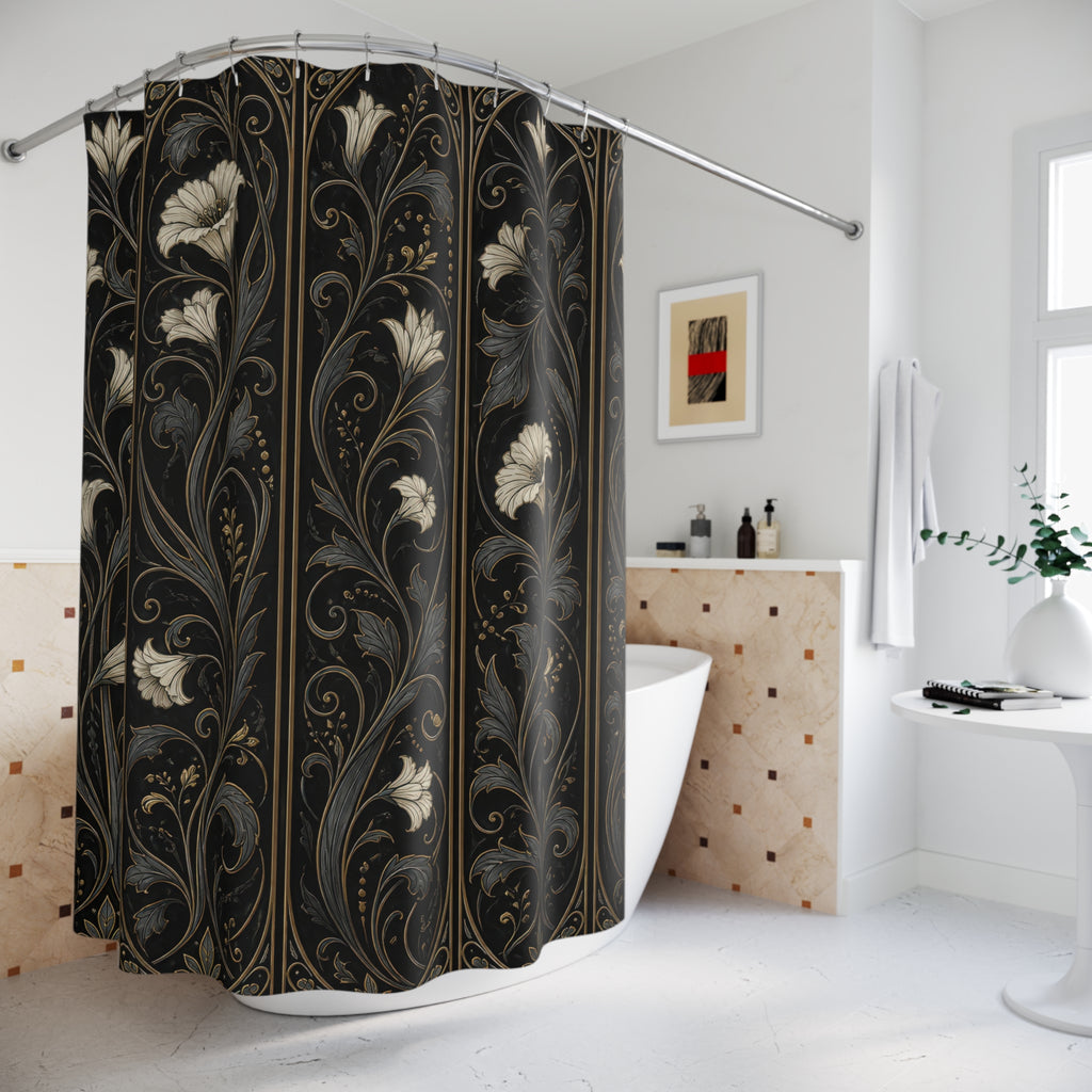 Black Floral Lily Panel Shower Curtain