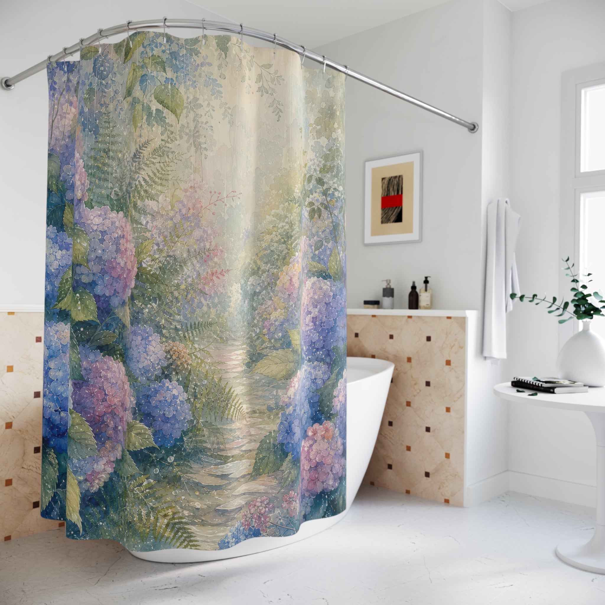 Rainlit Hydrangea Path Shower Curtain
