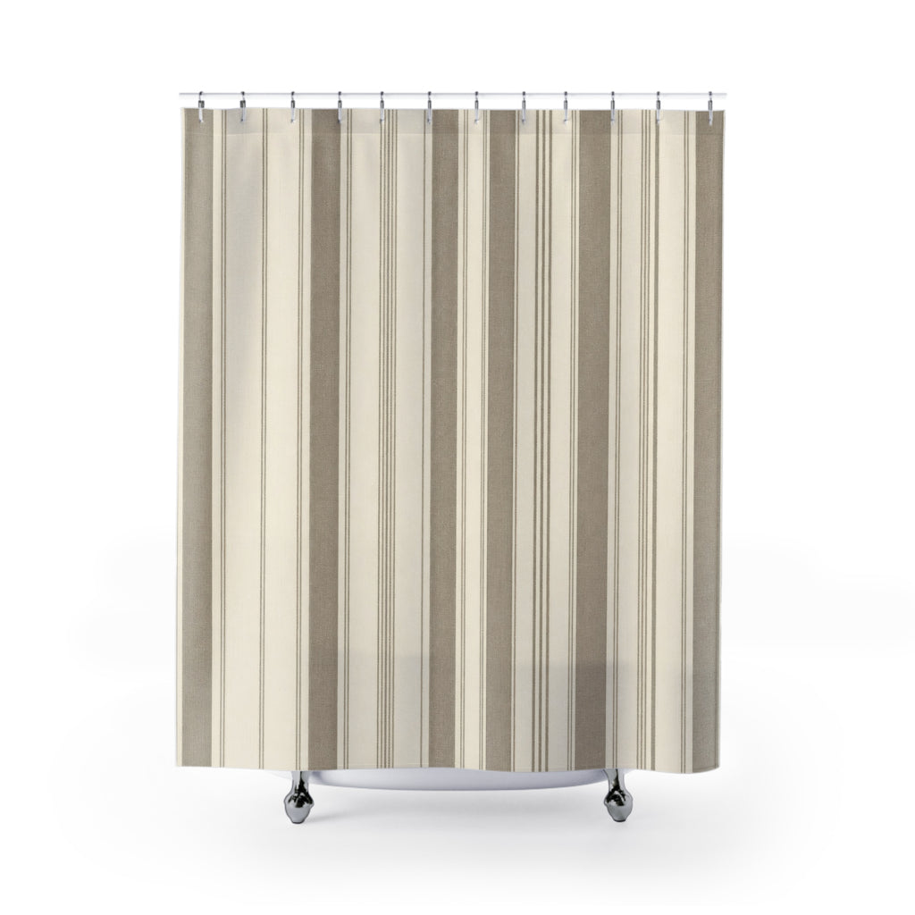 Beige Awning Stripe Shower Curtain, Neutral Classic Bathroom Decor, Taupe Stripe Bath Curtain, Guest Bathroom Decor, Small Bathroom Decor