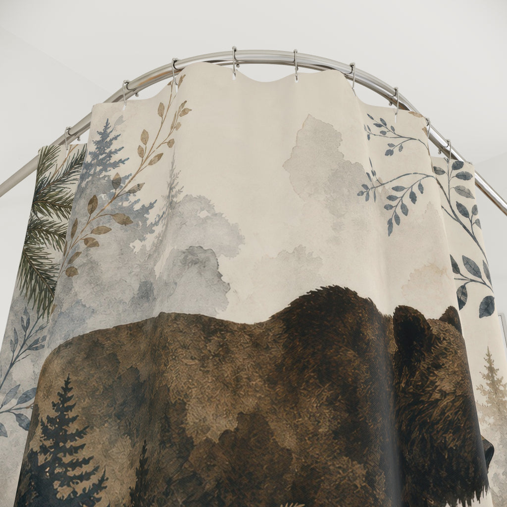 Bear Shower Curtain, Rustic Woodland Wildlife Scene, Brown Green Nature Bathroom Decor, Cabin Guest Bath Forest Lodge Style