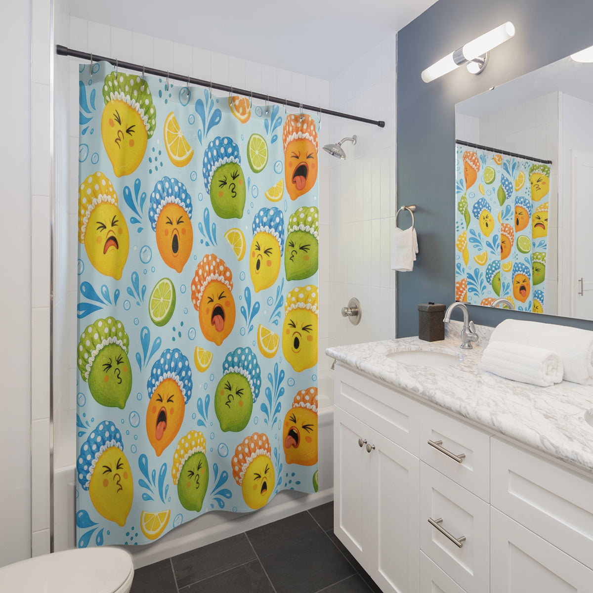 Citrus Face Splash funny pattern shower curtain beside a white vanity