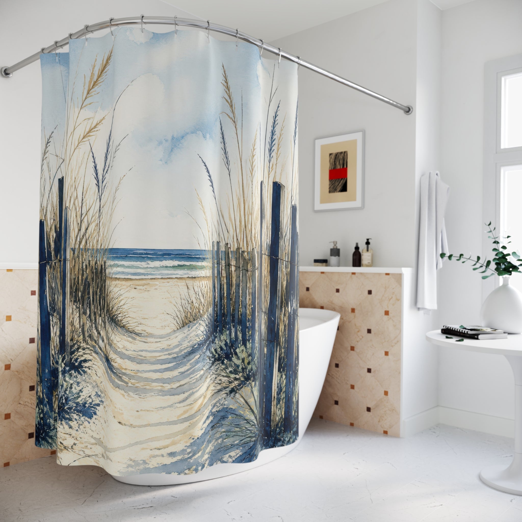 Navy dune fencing along a sandy path to the ocean shower curtain styled beside a freestanding tub
