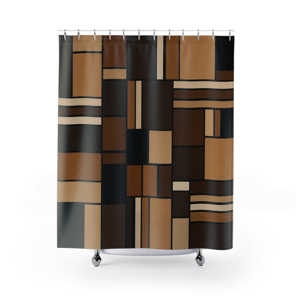 Geometric Shower Curtain, Black Brown Patchwork Bath Decor, Modern Rectangle Pattern, Mid Century Warm Neutral Bathroom Decor Style