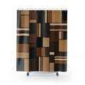 Geometric Shower Curtain, Black Brown Patchwork Bath Decor, Modern Rectangle Pattern, Mid Century Warm Neutral Bathroom Decor Style
