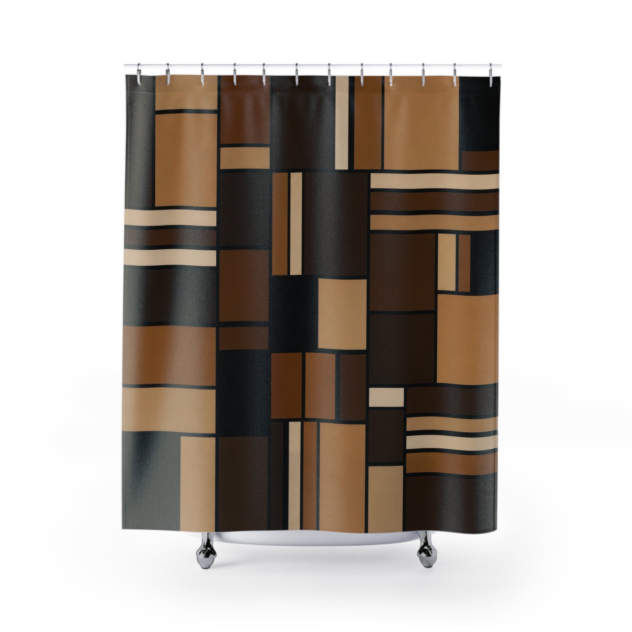Geometric Shower Curtain, Black Brown Patchwork Bath Decor, Modern Rectangle Pattern, Mid Century Warm Neutral Bathroom Decor Style