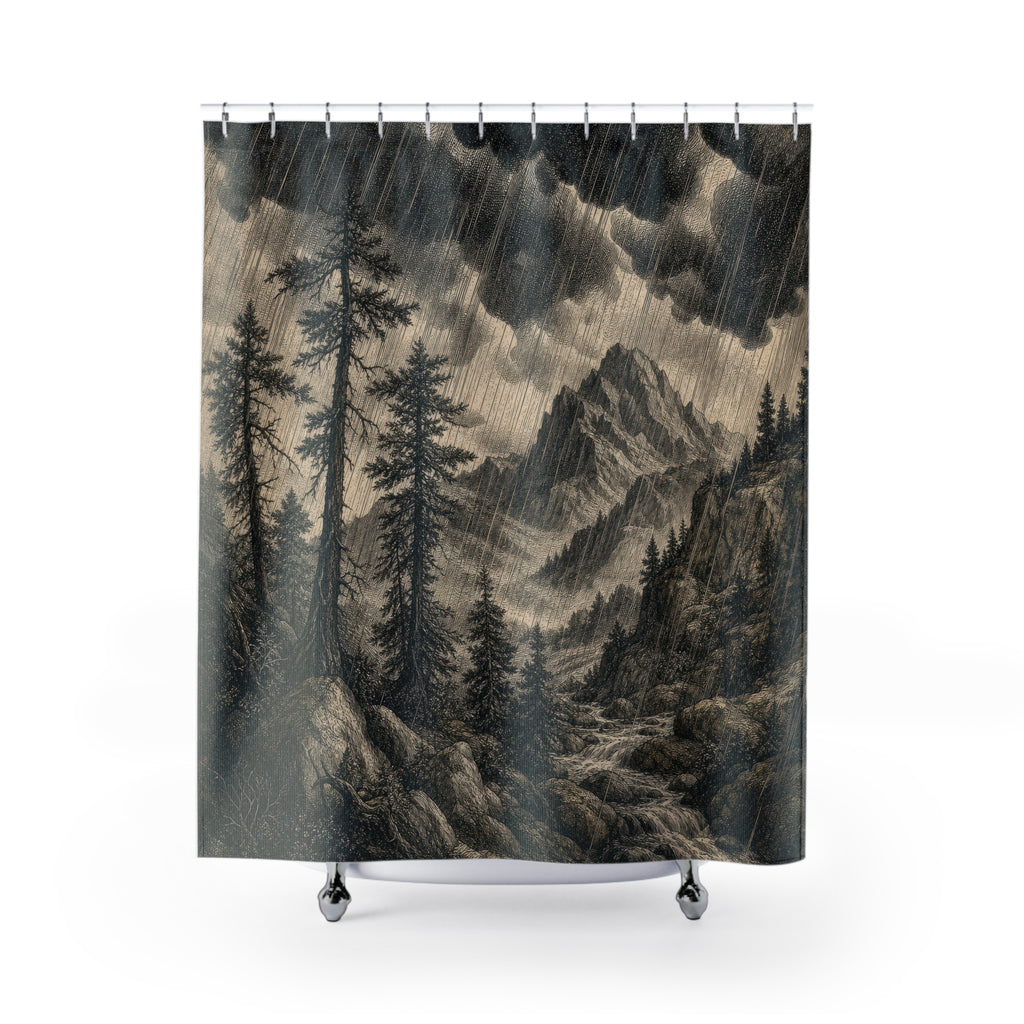 Black White Mountain Engraving Print Shower Curtain