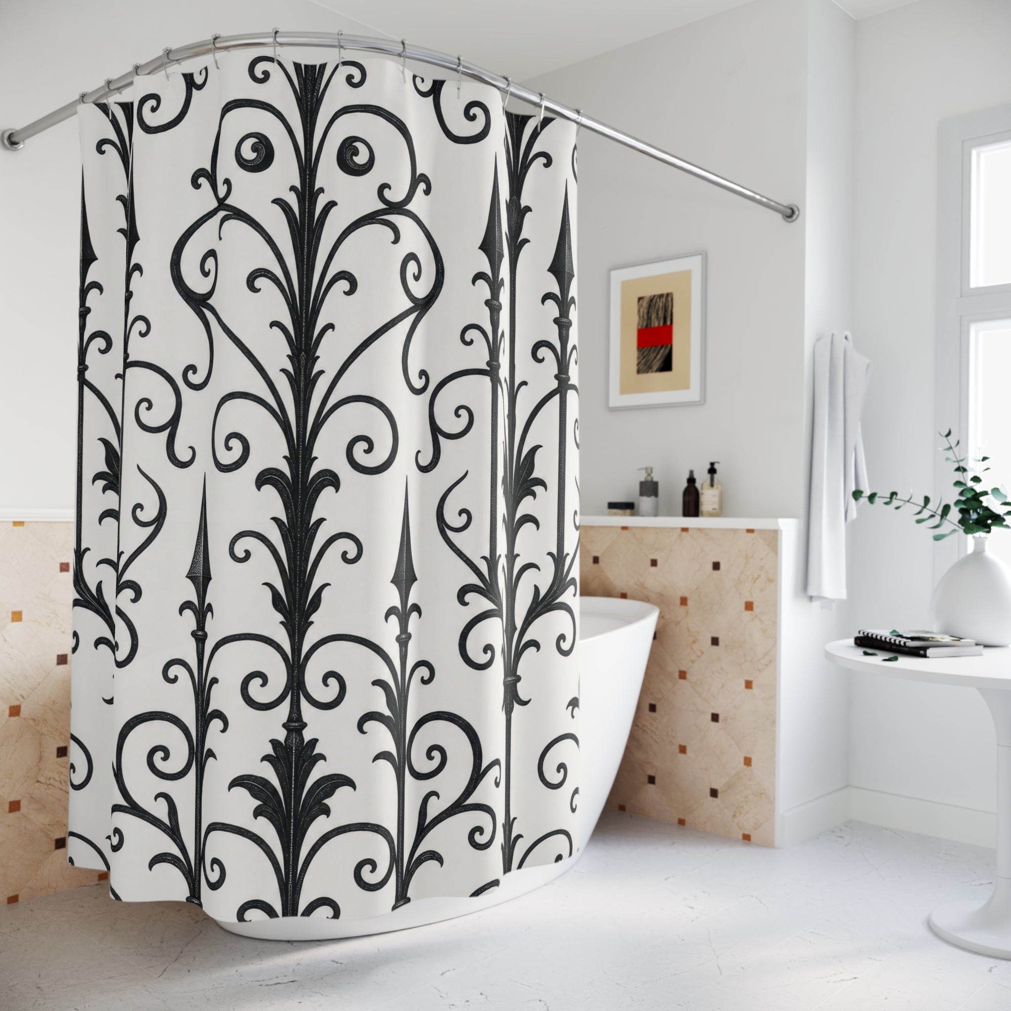 Black White Wrought Iron Scroll Shower Curtain