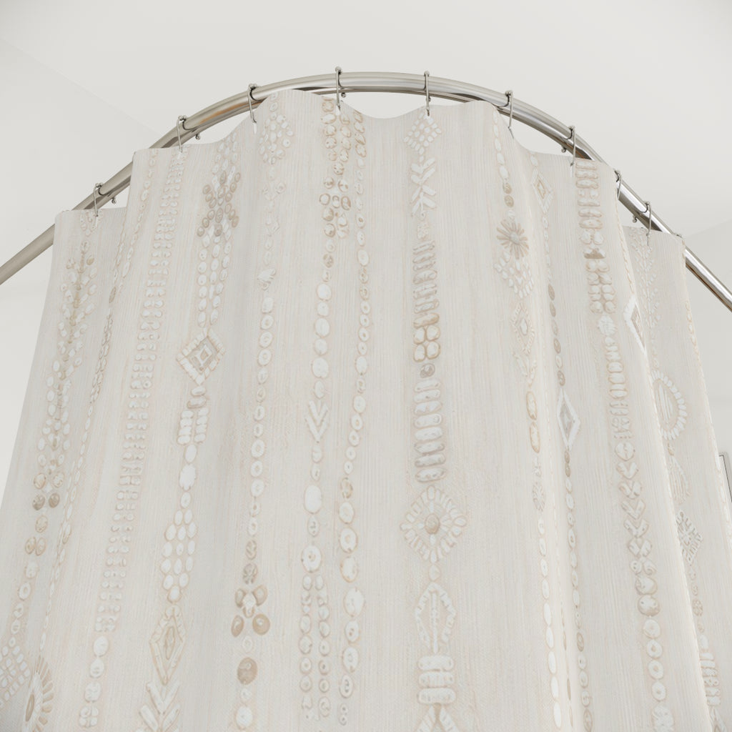 White Boho Shower Curtain, Vertical Stripe Bath Decor, Ivory Diamond Mark Pattern, Cream Guest Bathroom Decor, Soft Neutral Style Decor