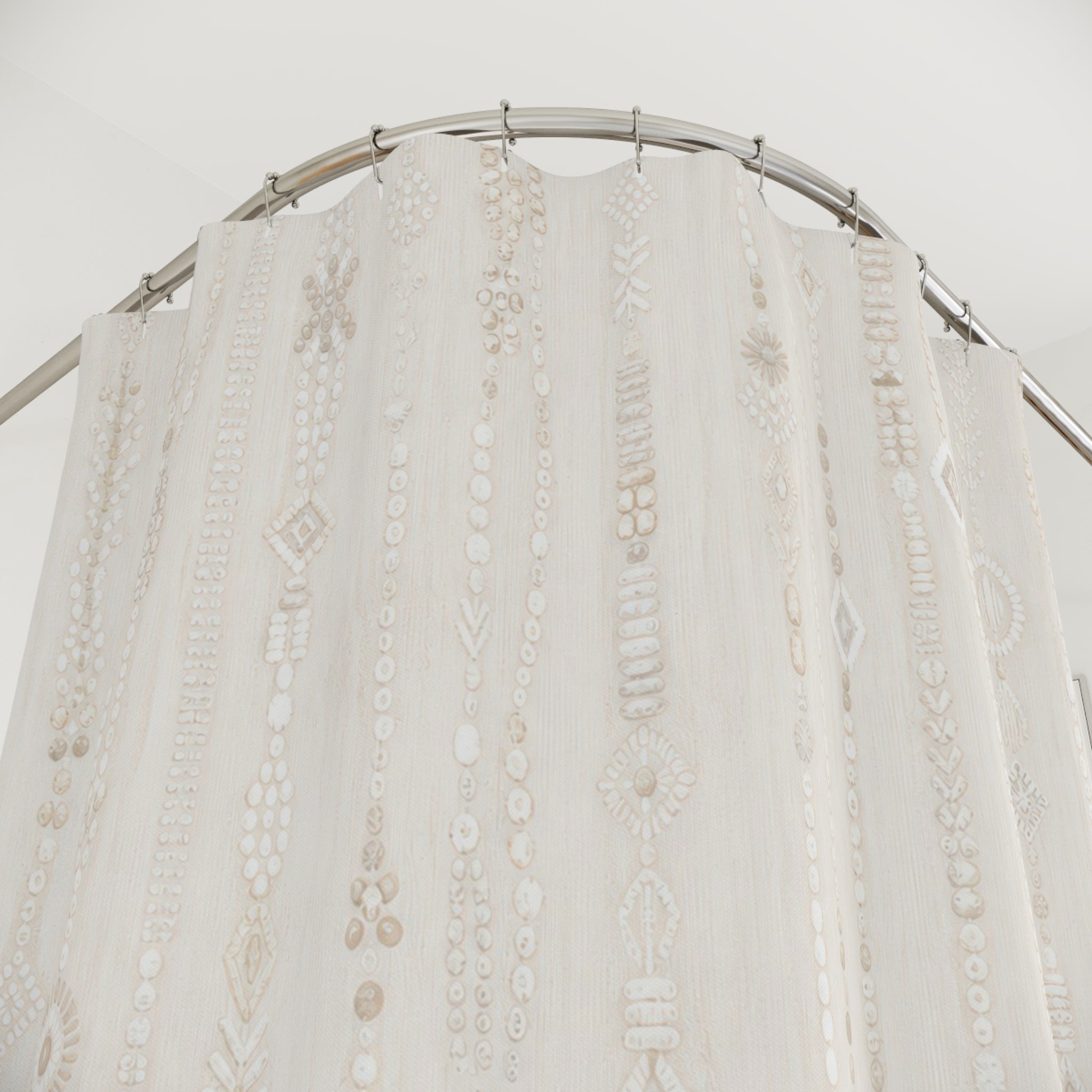 White Boho Shower Curtain, Vertical Stripe Bath Decor, Ivory Diamond Mark Pattern, Cream Guest Bathroom Decor, Soft Neutral Style Decor