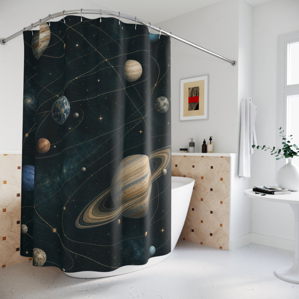 Blue and cream planets along gold orbits on dark teal shower curtain beside a freestanding tub