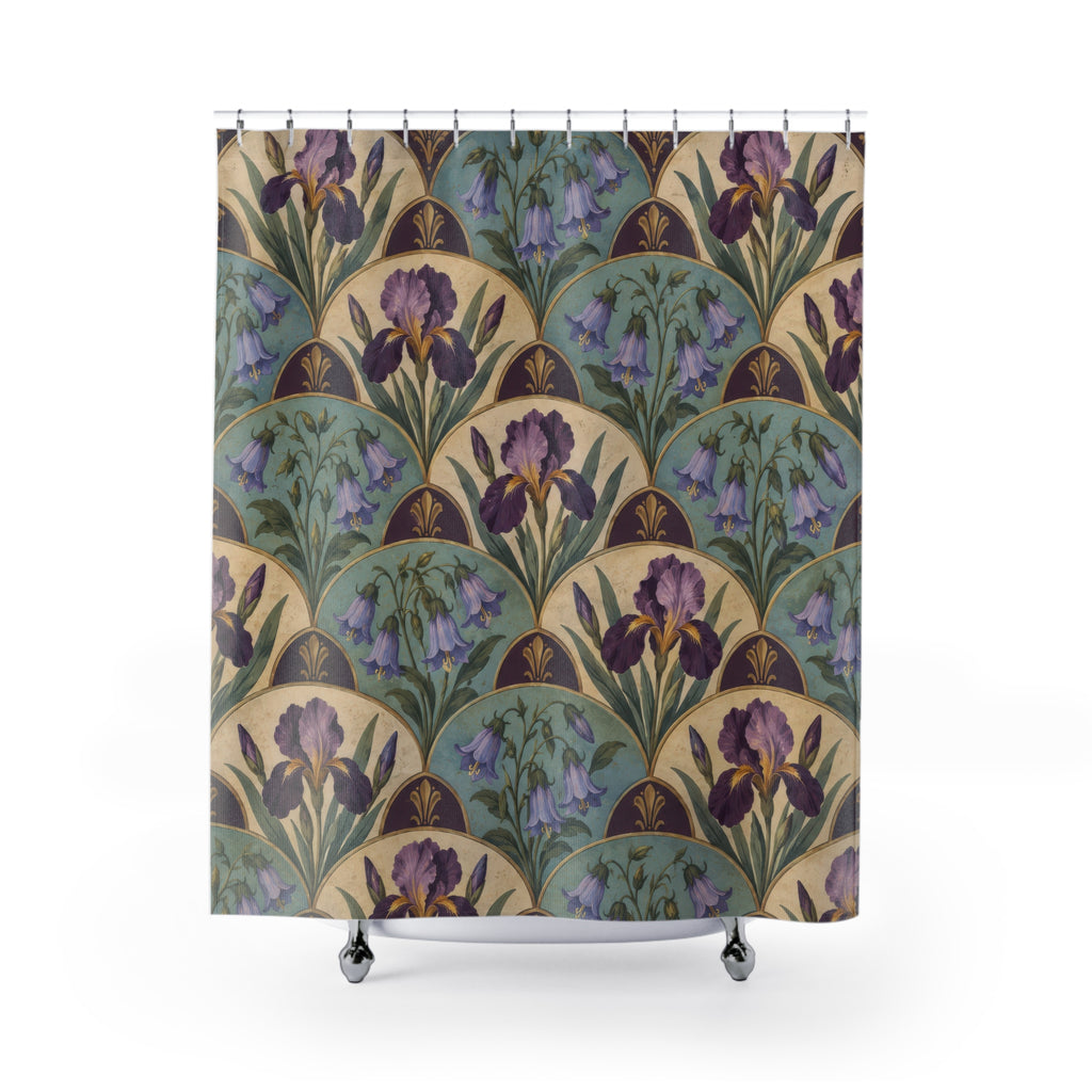 Purple iris and bluebells in a scalloped tile repeat shower curtain with full front view