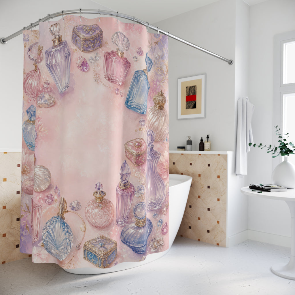 Pastel vintage perfume bottles and jeweled vanity treasures shower curtain beside a freestanding tub