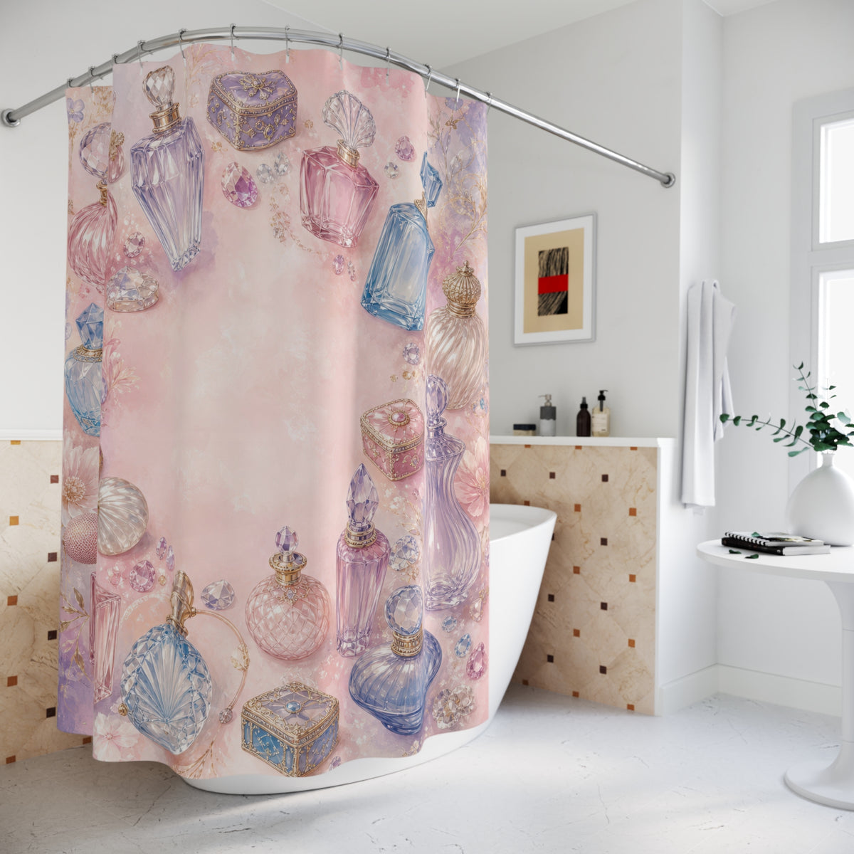Pastel vintage perfume bottles and jeweled vanity treasures shower curtain beside a freestanding tub