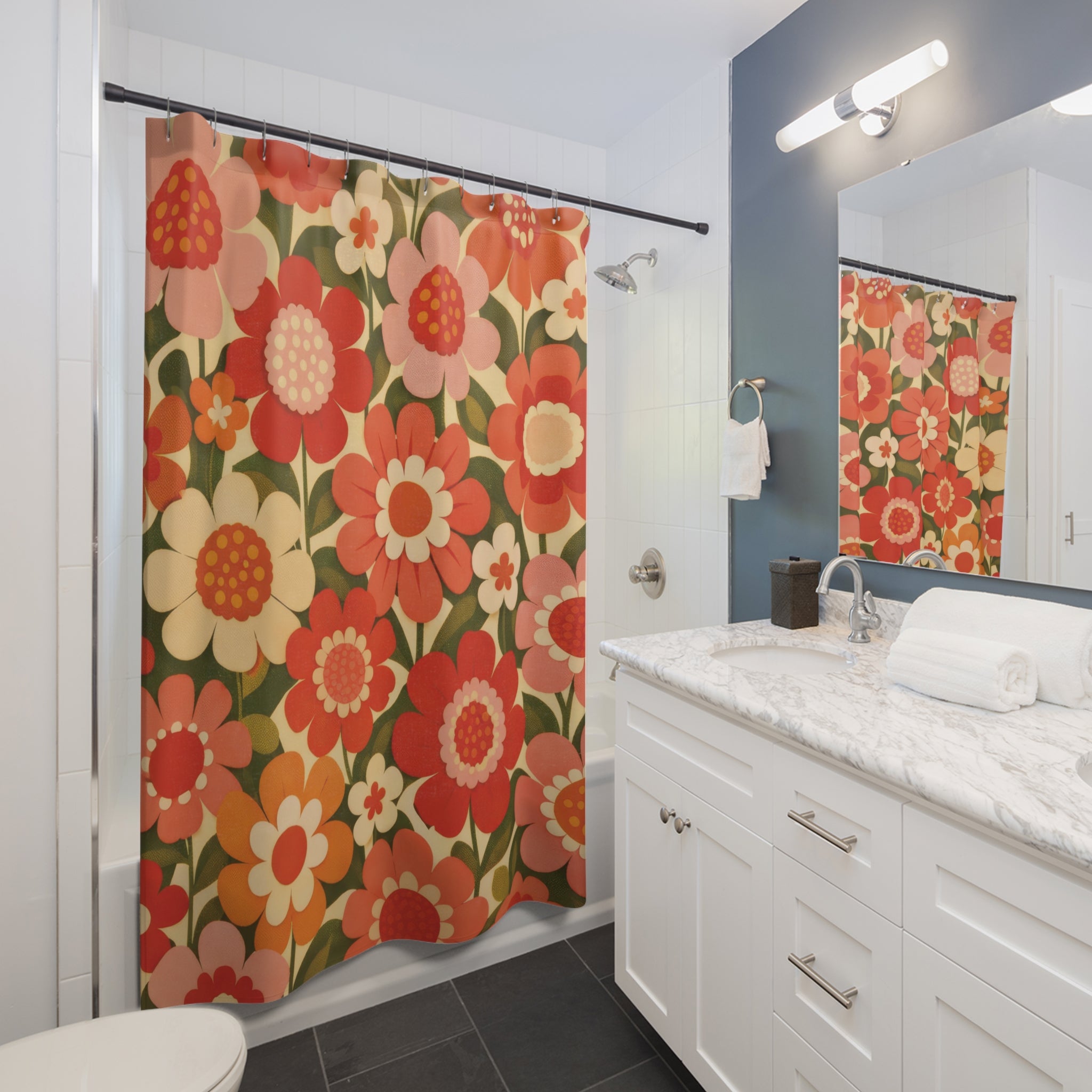 Retro Mod Flower Shower Curtain – Coral & Blush