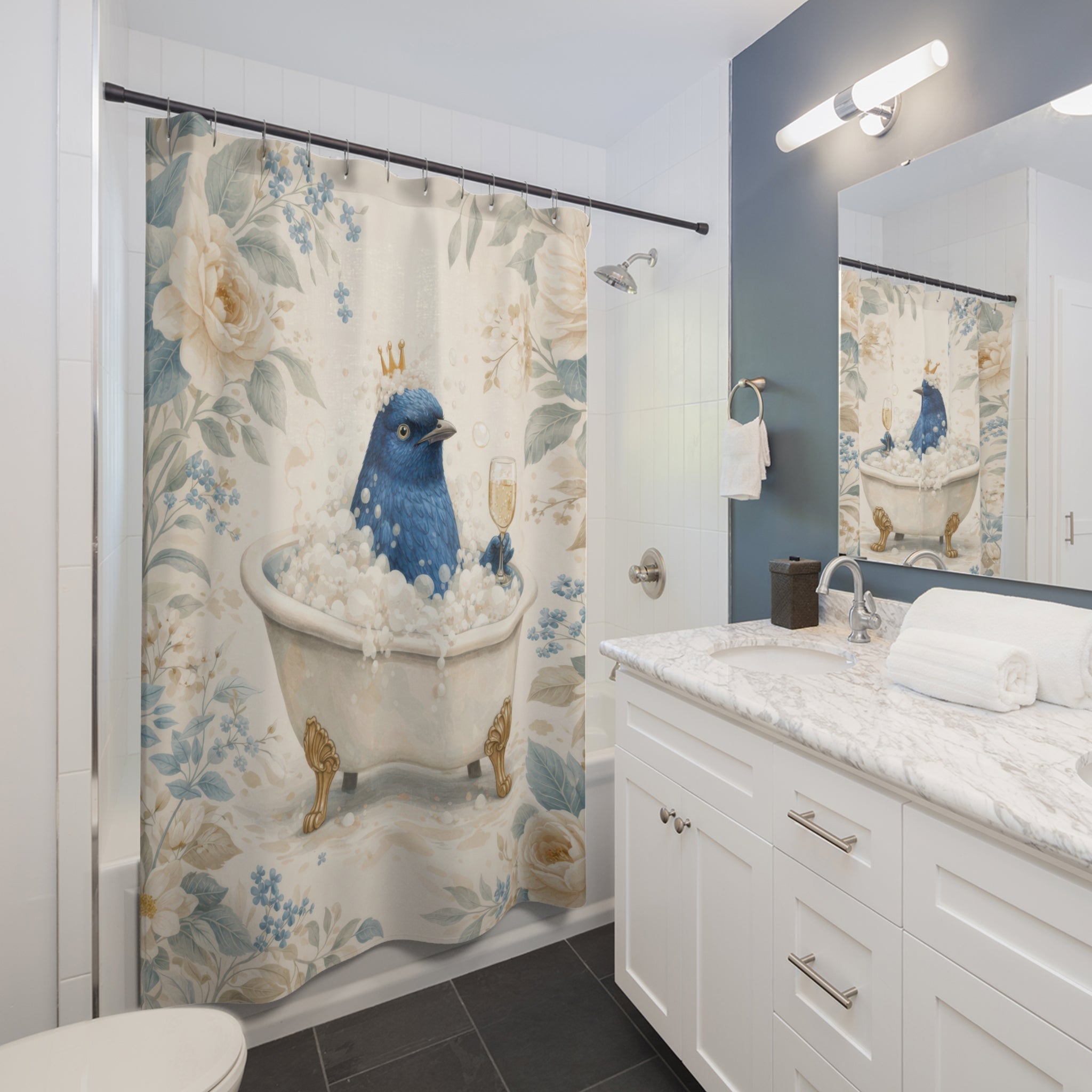 Funny Bluebird Shower Curtain – Whimsical Floral