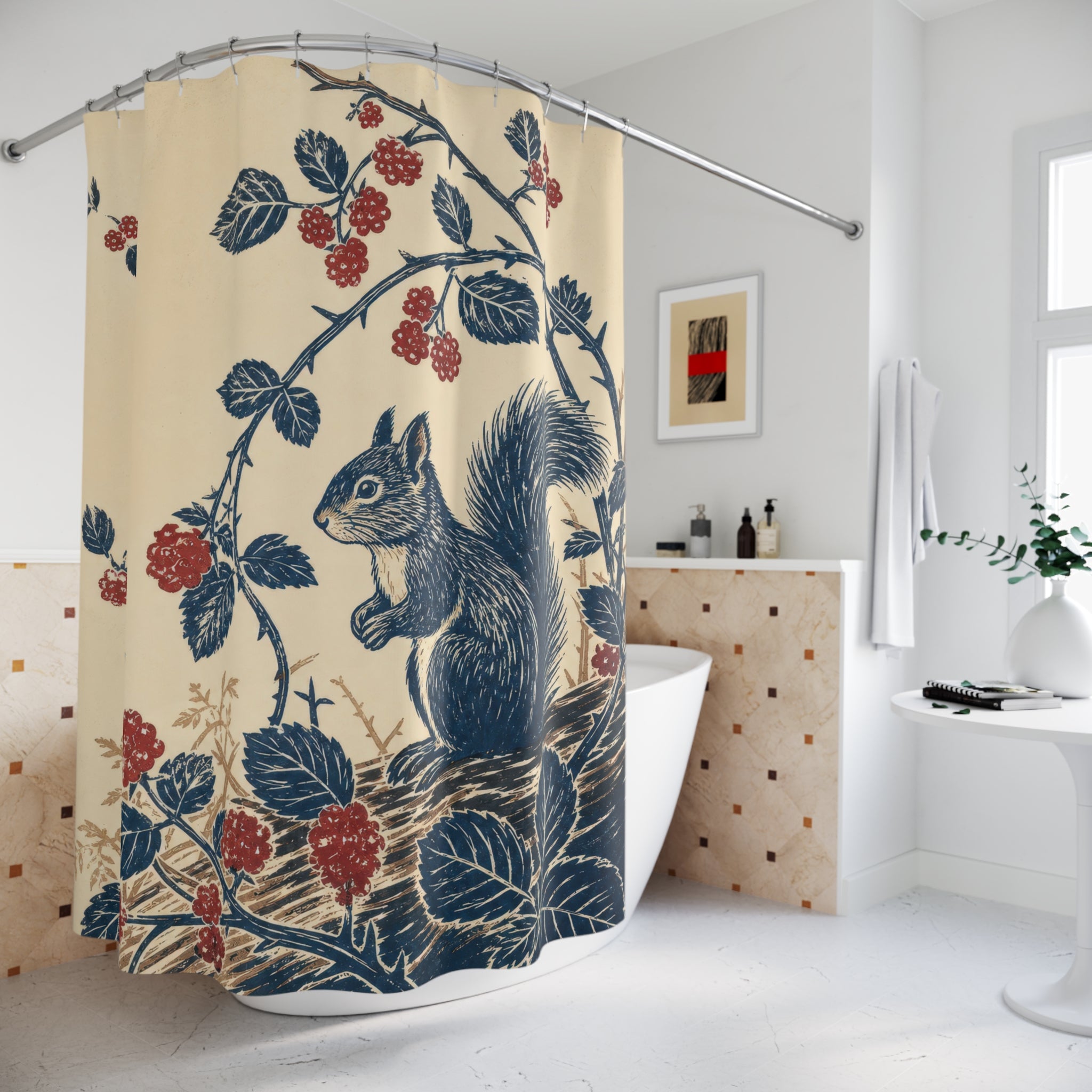 Indigo Squirrel Block Print Shower Curtain