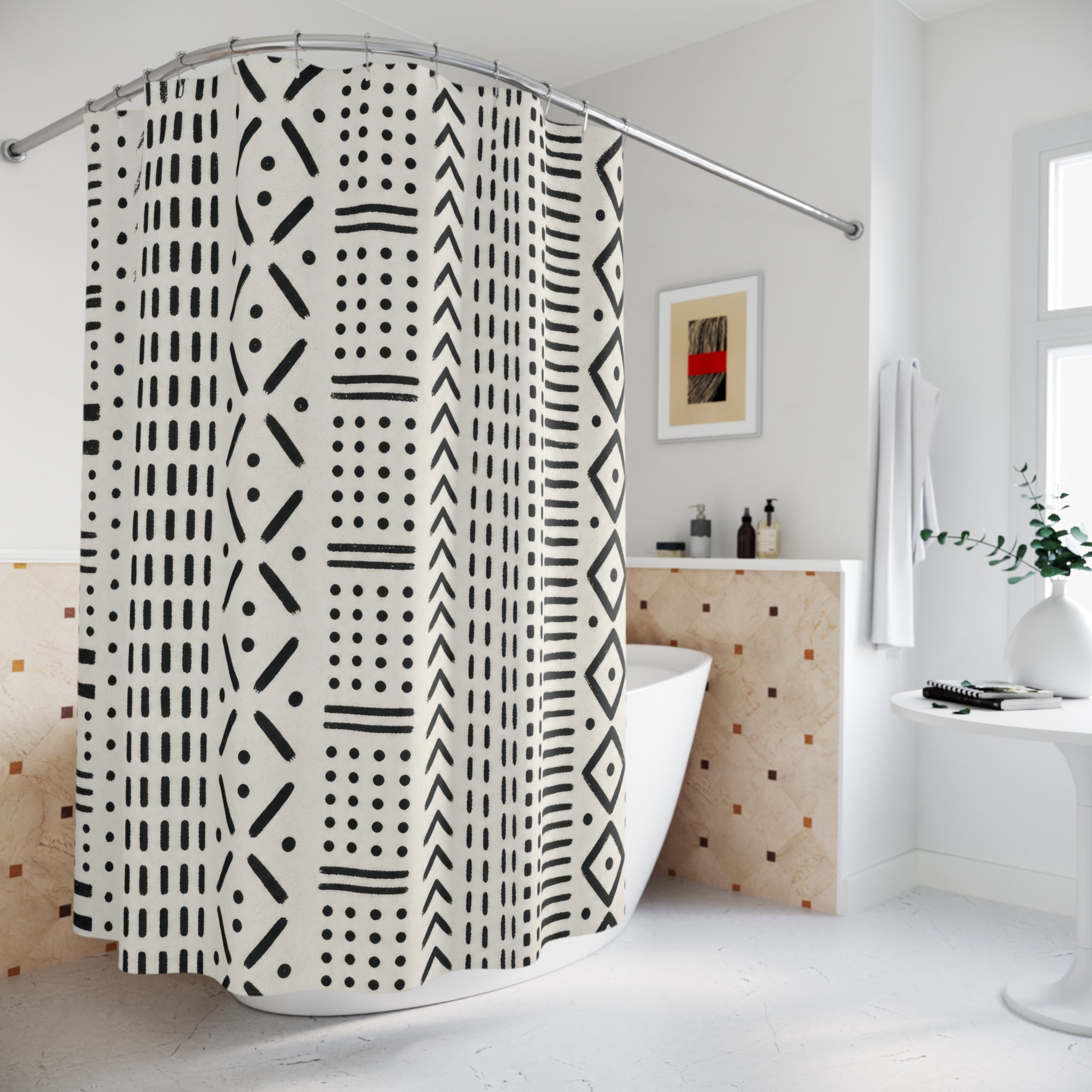 Black White Boho Shower Curtain