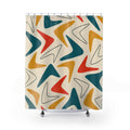 Teal, mustard and red boomerangs on ivory shower curtain with full front view