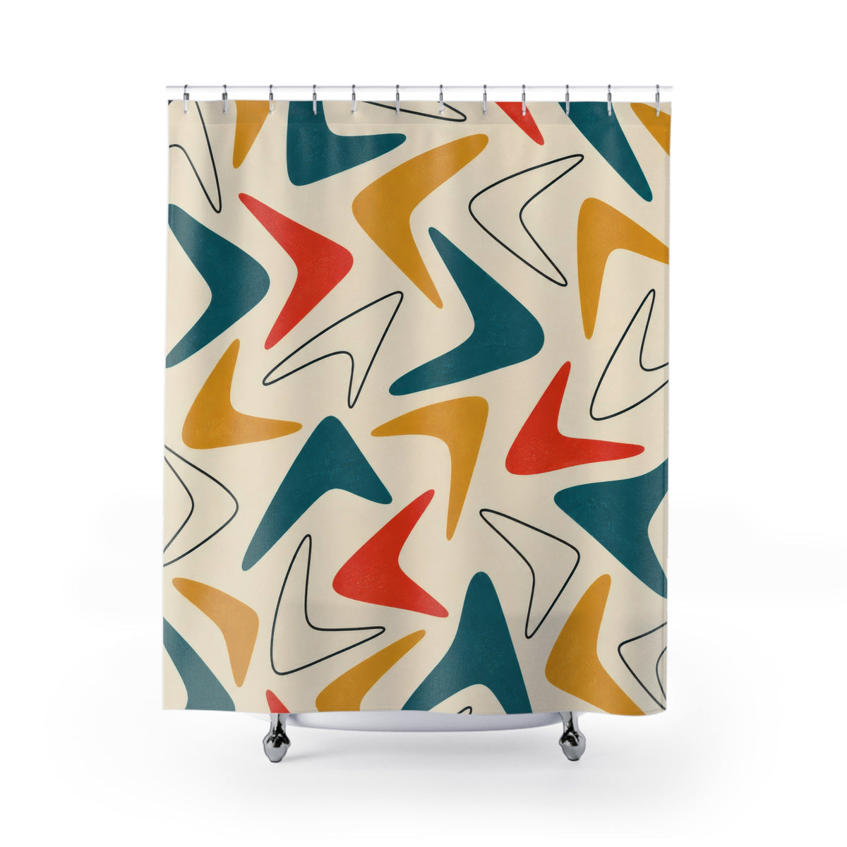 Teal, mustard and red boomerangs on ivory shower curtain with full front view