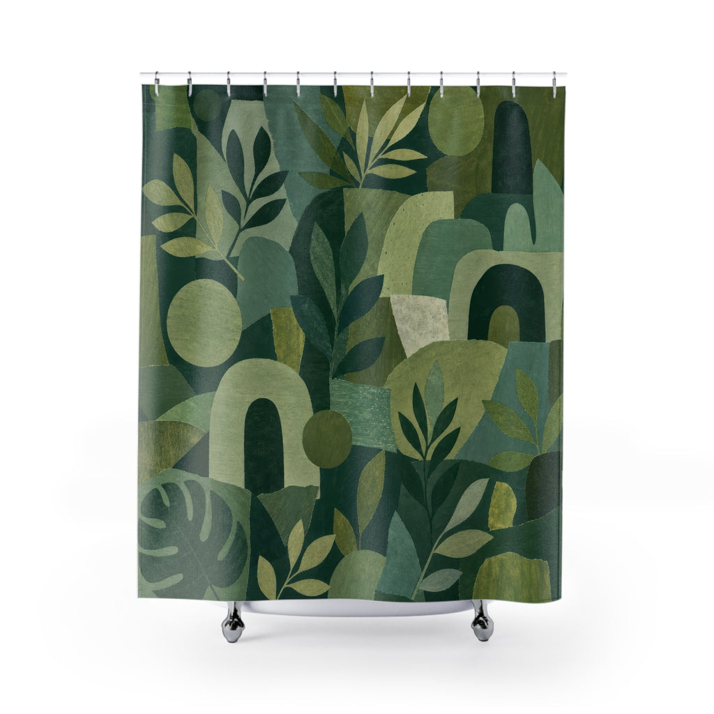 Green Boho Shower Curtain, Botanical Collage Bath Decor, Arch Leaf Pattern, Modern Abstract Guest Bathroom Decor, Earthy Style