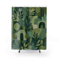 Green Boho Shower Curtain, Botanical Collage Bath Decor, Arch Leaf Pattern, Modern Abstract Guest Bathroom Decor, Earthy Style