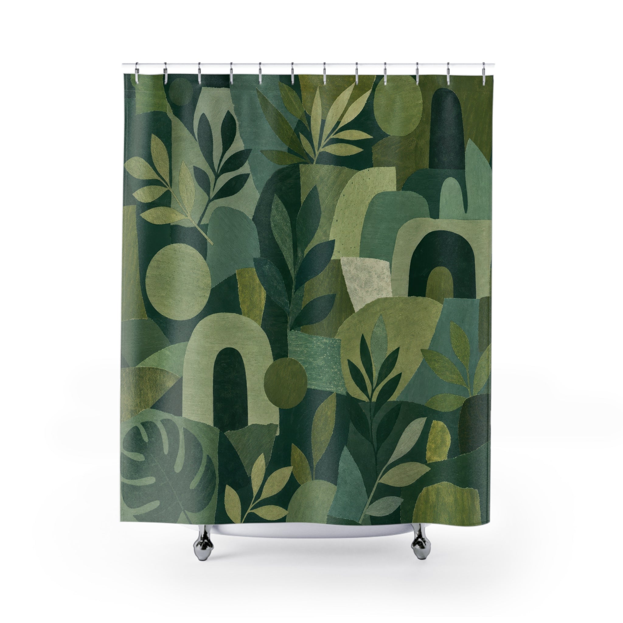 Green Boho Shower Curtain, Botanical Collage Bath Decor, Arch Leaf Pattern, Modern Abstract Guest Bathroom Decor, Earthy Style
