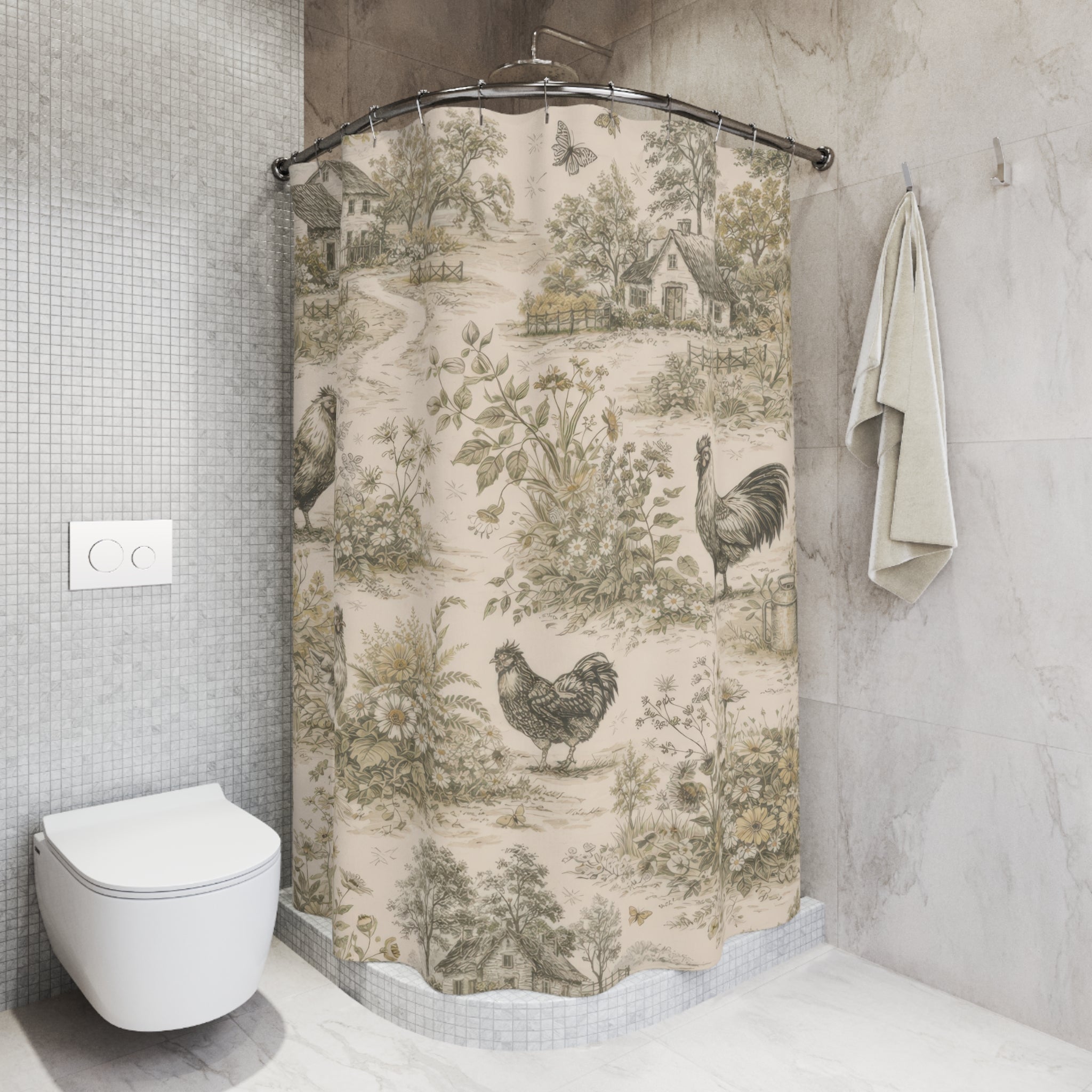 French Toile Shower Curtain – Beige Landscape