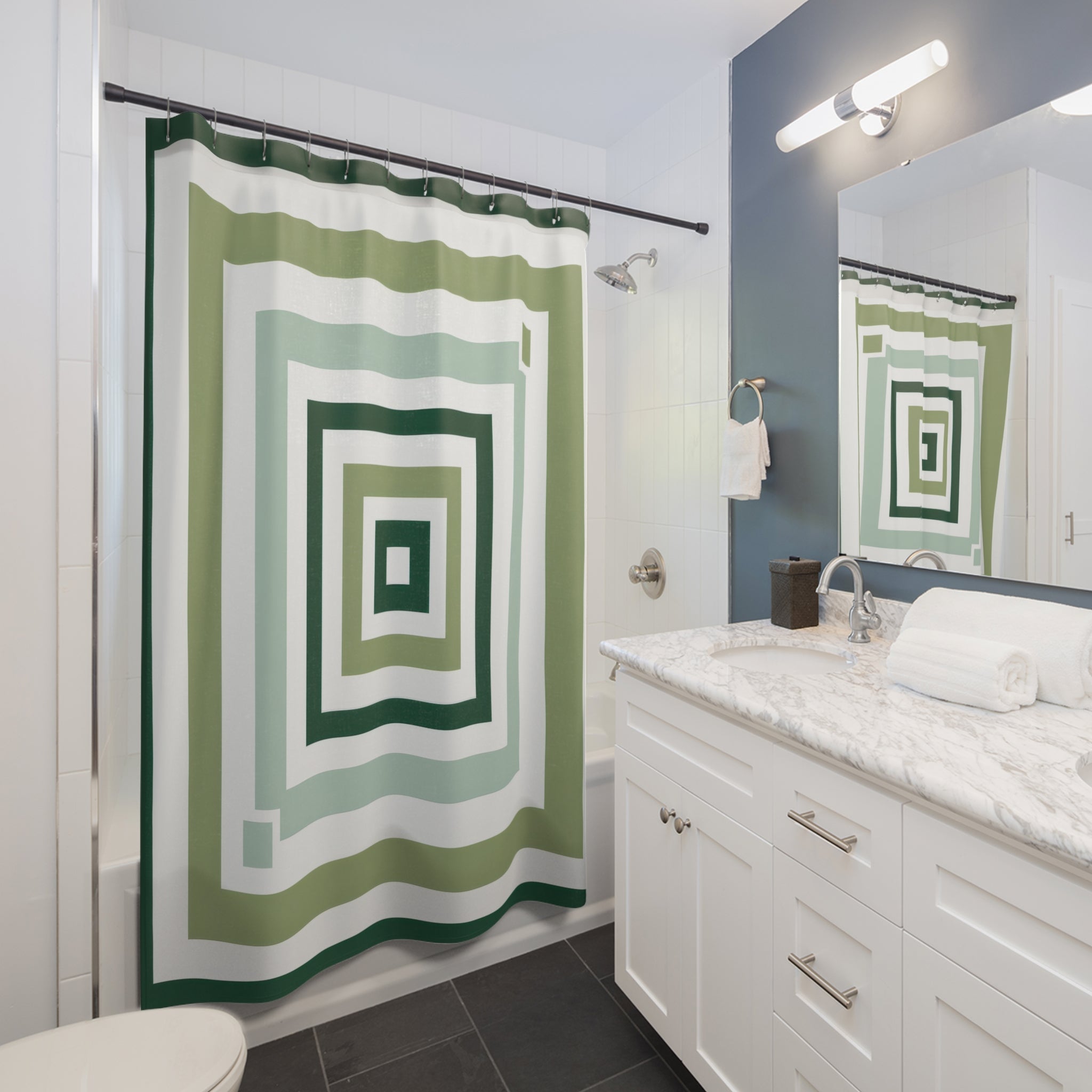Geometric Shower Curtain, Green White Square Bath Decor, Concentric Sage Pattern, Modern Guest Bathroom Decor, Optical Green Style