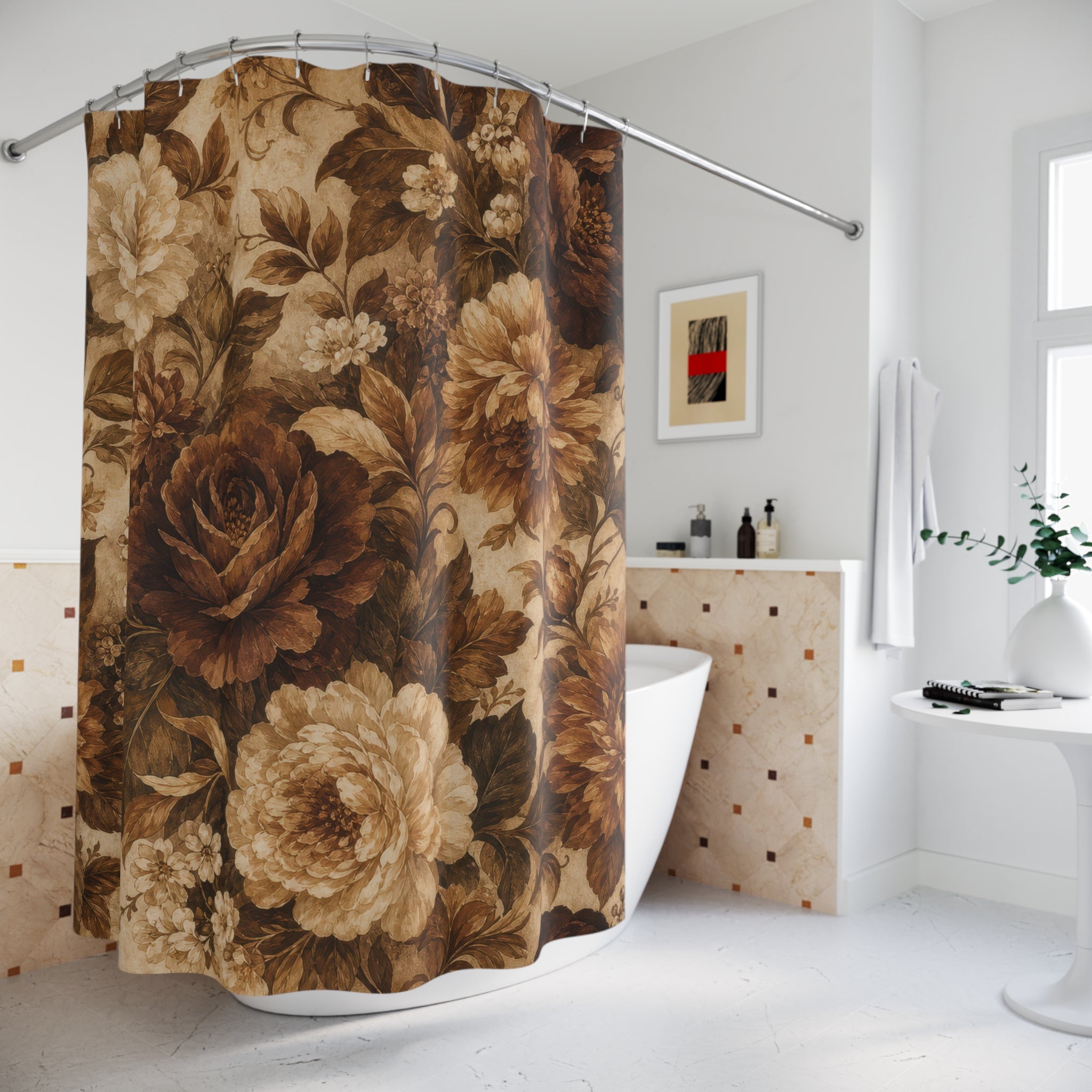 Brown Floral Shower Curtain: Vintage Botanical Pattern