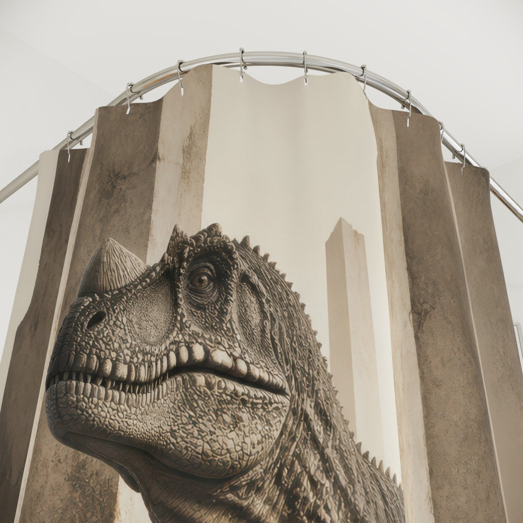 Sepia Optical Illusion T Rex shower curtain with close-up print, hooks, and folds