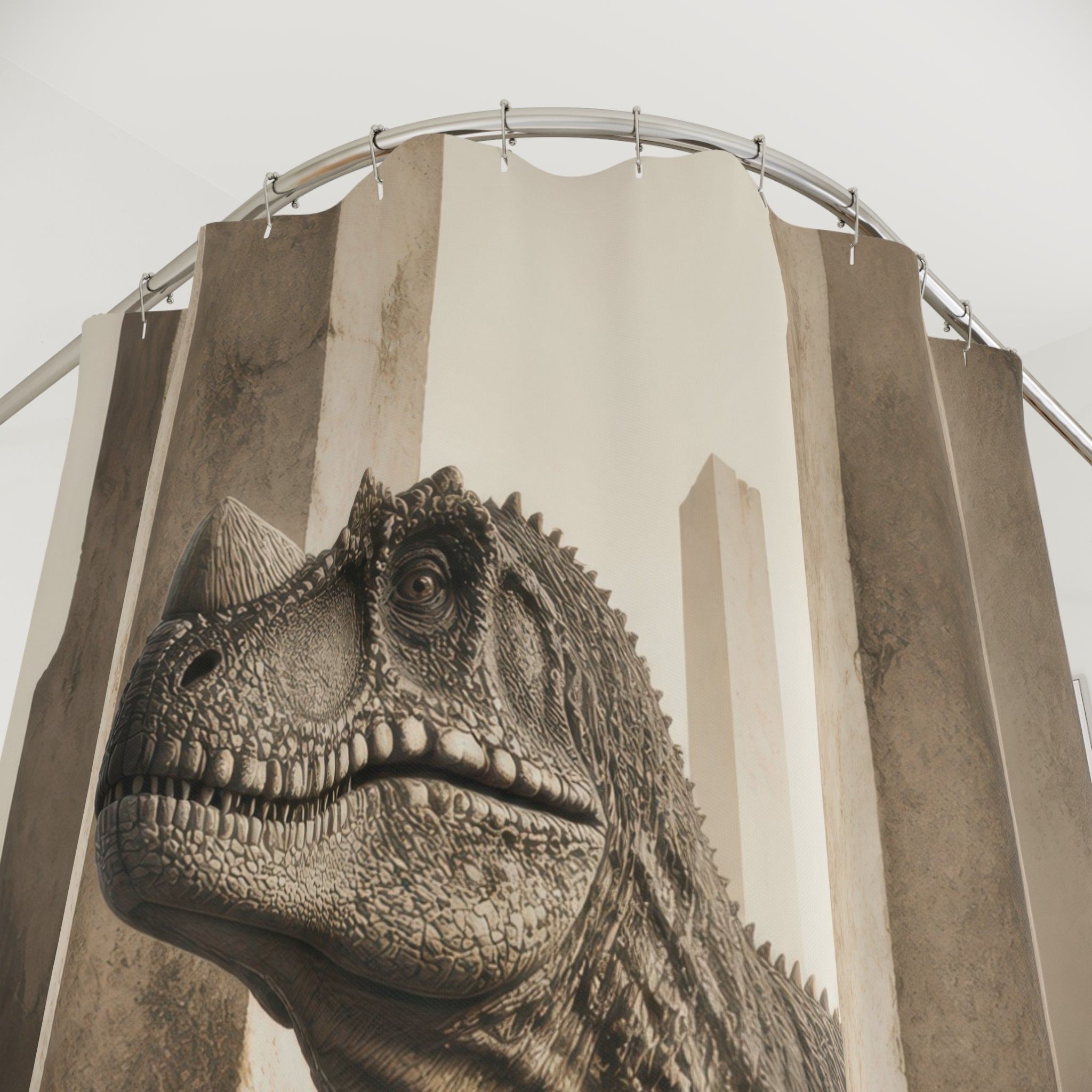 Sepia Optical Illusion T Rex shower curtain with close-up print, hooks, and folds