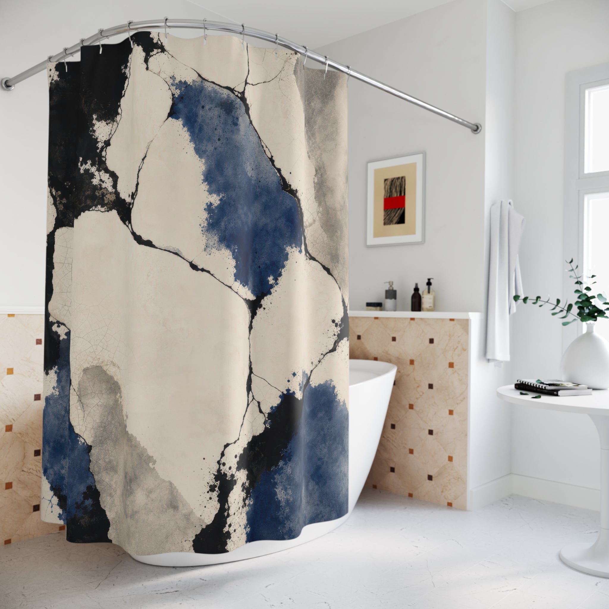 Black White Stone Blue Abstract Shower Curtain