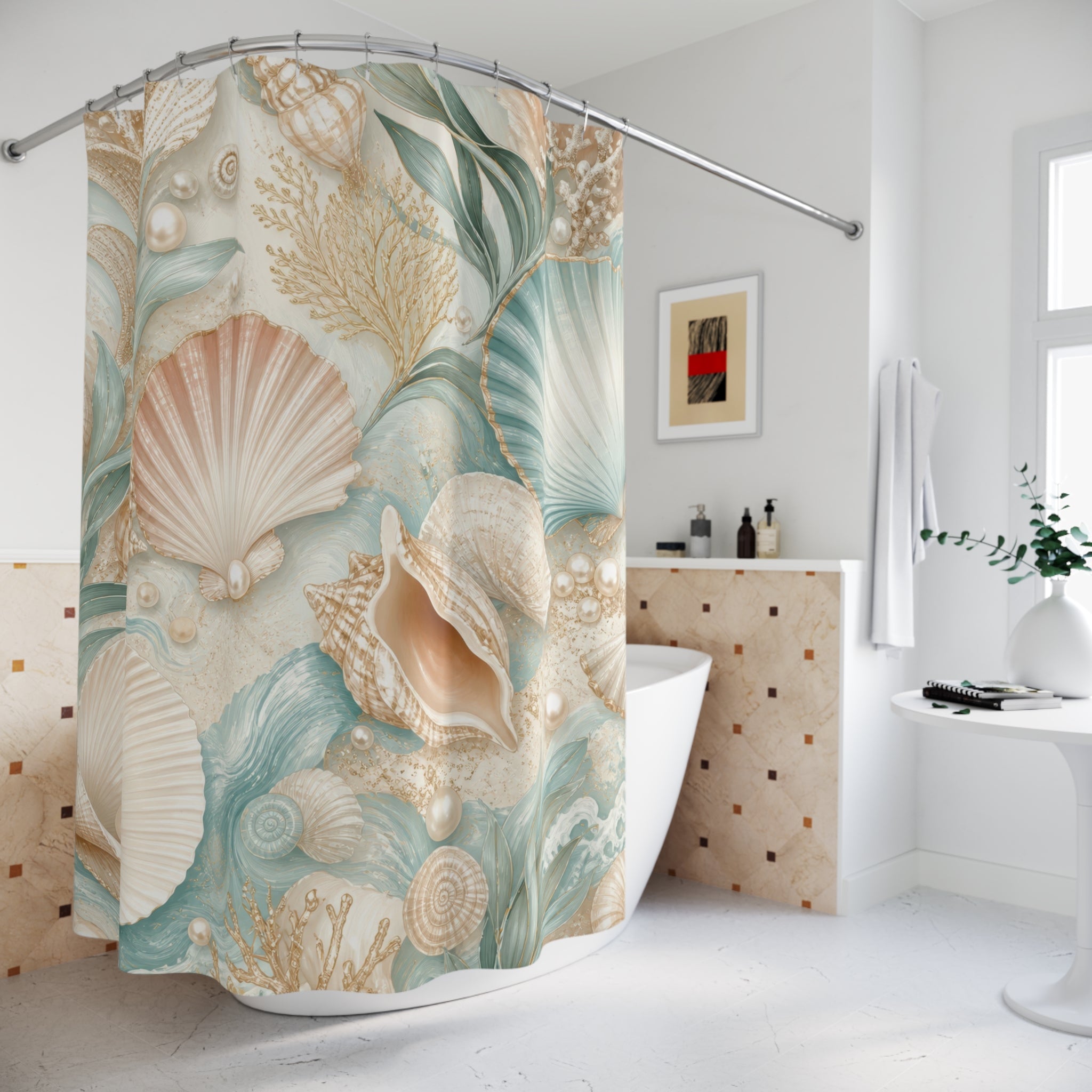 Shell Shower Curtain: Aqua Seashell Coastal